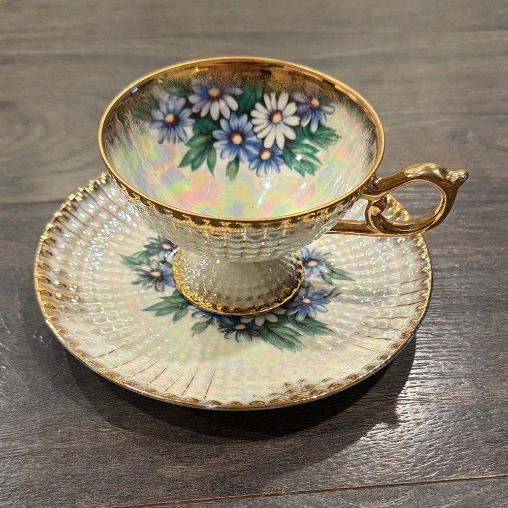 Floral Teacup and Saucer with Gold Accents
